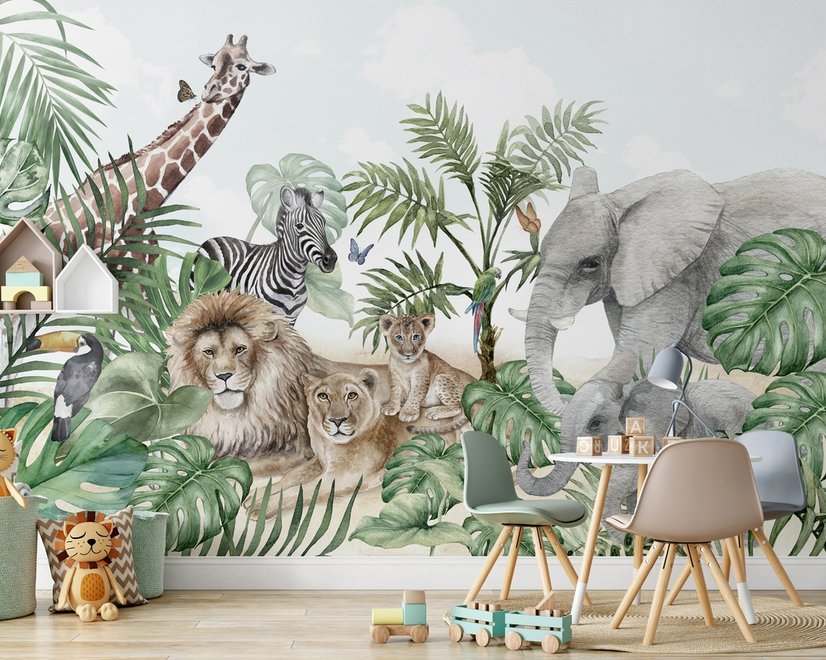 Kids Tropical Animals with Leafs Wallpaper Mural