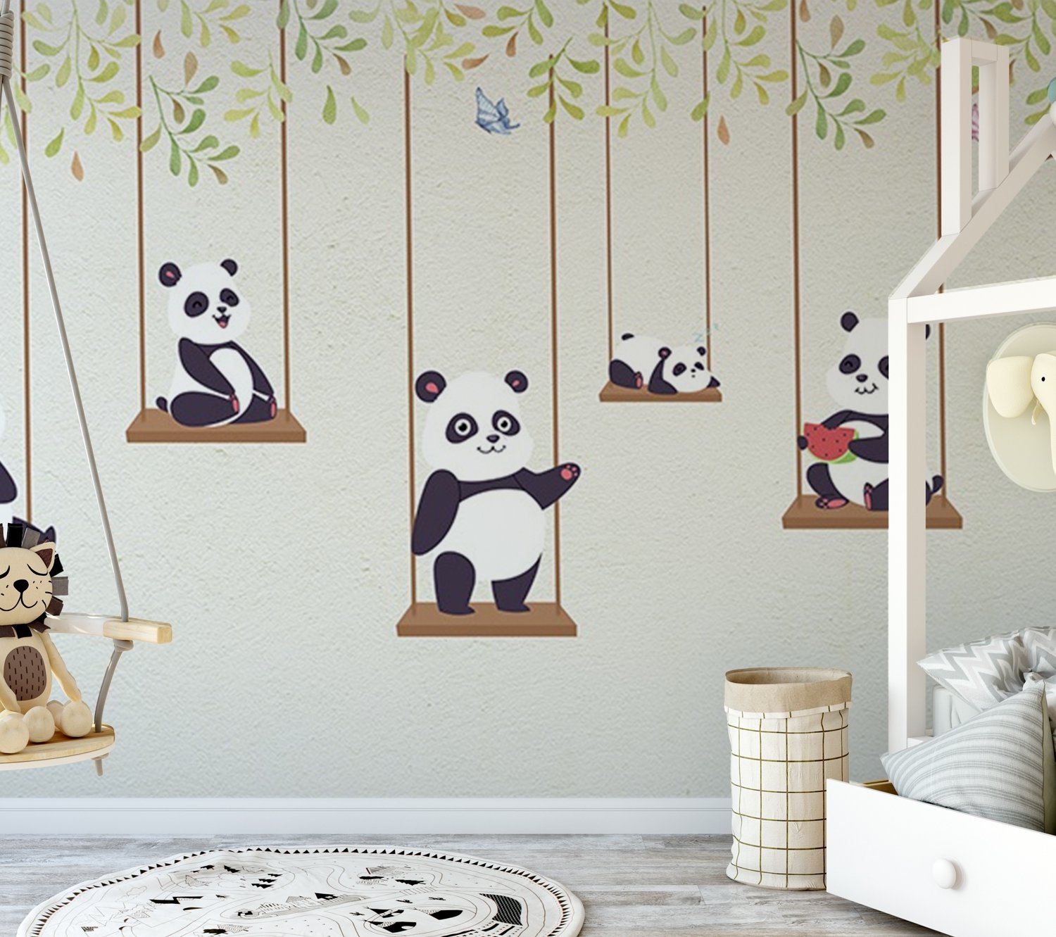 Cute Pandas Swinging Wallpaper Mural - Peel and Stick