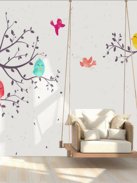 Kids Cartoon Tree with Colorful Singing Birds Wallpaper Mural