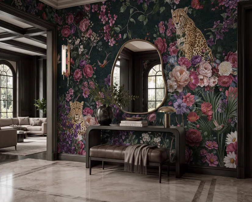 Dark Leopard Floral Garden Botanical Wallpaper Mural