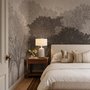 Misty forest nature wallpaper mural in greige, taupe and charcoal watercolour with birds