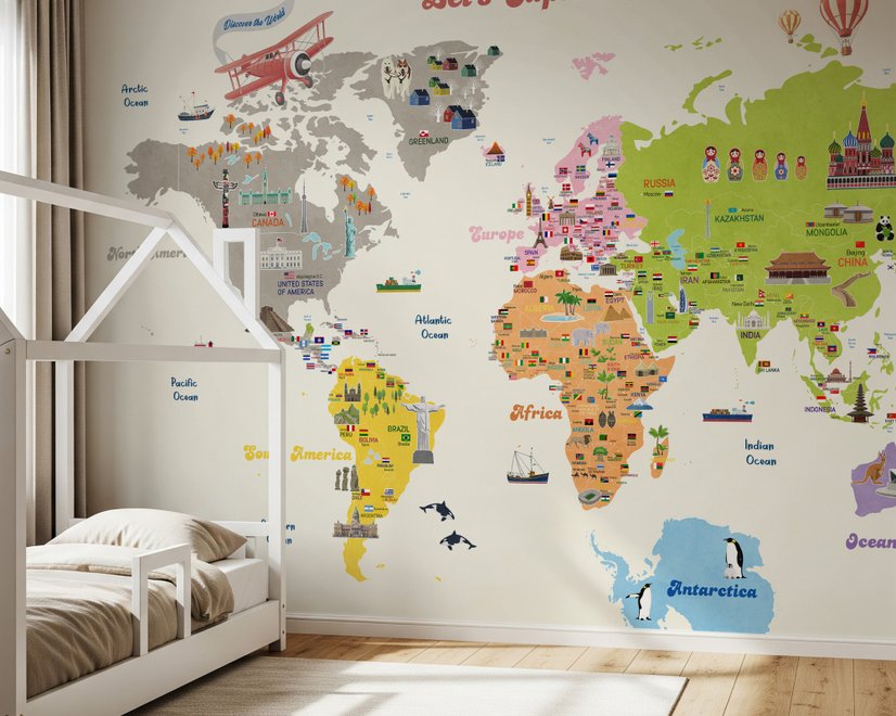 Papier Peint Panoramique Éducatif et Coloré pour Enfants avec Carte du Monde