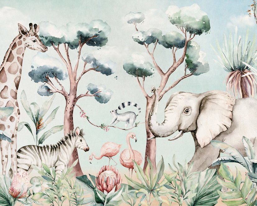 Kids Nursery Safari Animals and Flamingo in the Forest Wallpaper Mural