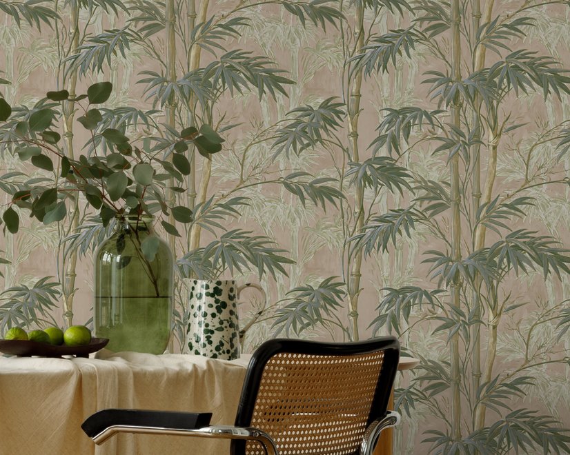 Vintage bamboo wallpaper with sage and smoky blue-green leaves on a warm taupe ground