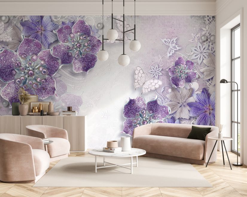 Papier peint panoramique violet avec papillons Swarovski