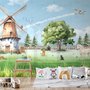 Niedliche Kinder-Fototapete Windmühle mit Bauernhoftieren