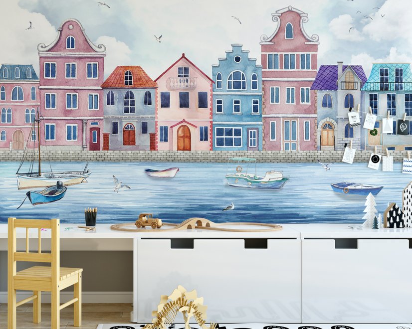 Watercolor Dutch Houses Wallpaper Mural for Kids