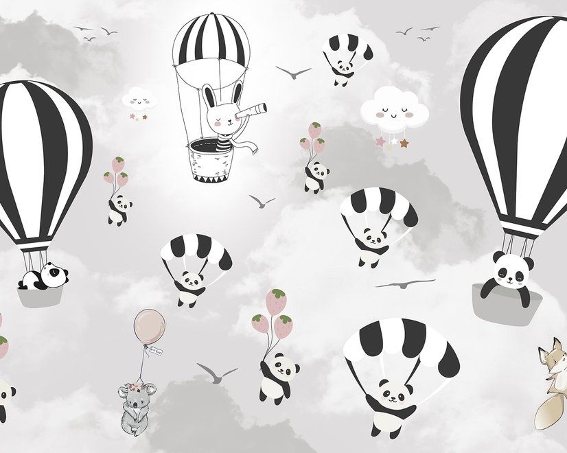 Papier peint panoramique montgolfière animaux cartoon chambre bébé