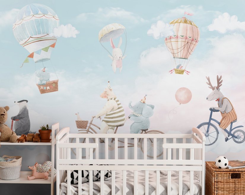 Aquarell Glückliche Tiere am Himmel für Kinder Fototapete