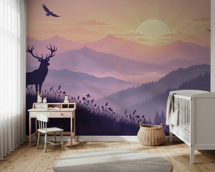 Stag mountain wallpaper with a navy deer silhouette, lavender pine ridges and a pale golden sun