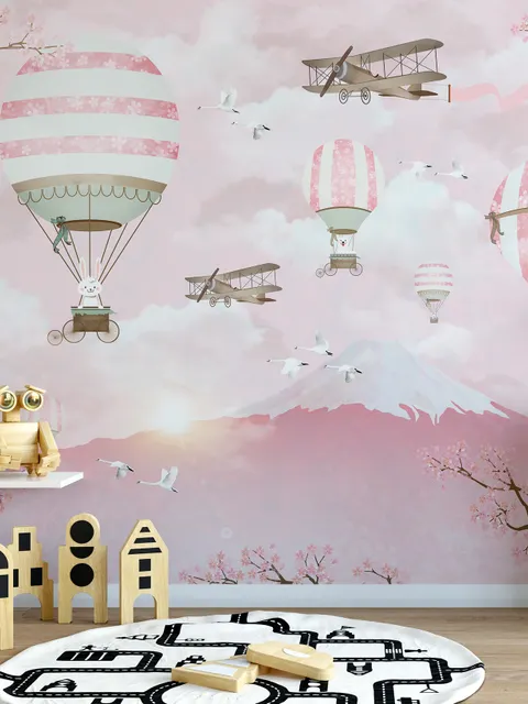 Hot Air Balloon with Pink Mountain Landscape Wallpaper Mural