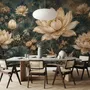 Ivory lotus flowers and seed pods on charcoal teal lily pads in a botanical lotus wallpaper mural