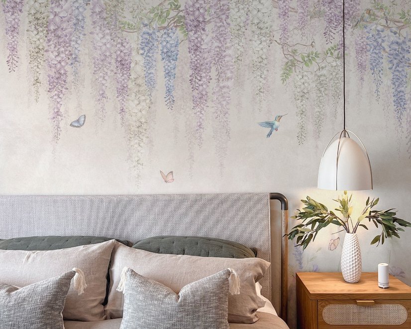 Watercolor Hanging Wisteria Flowers with Hummingbirds Wallpaper Mural 