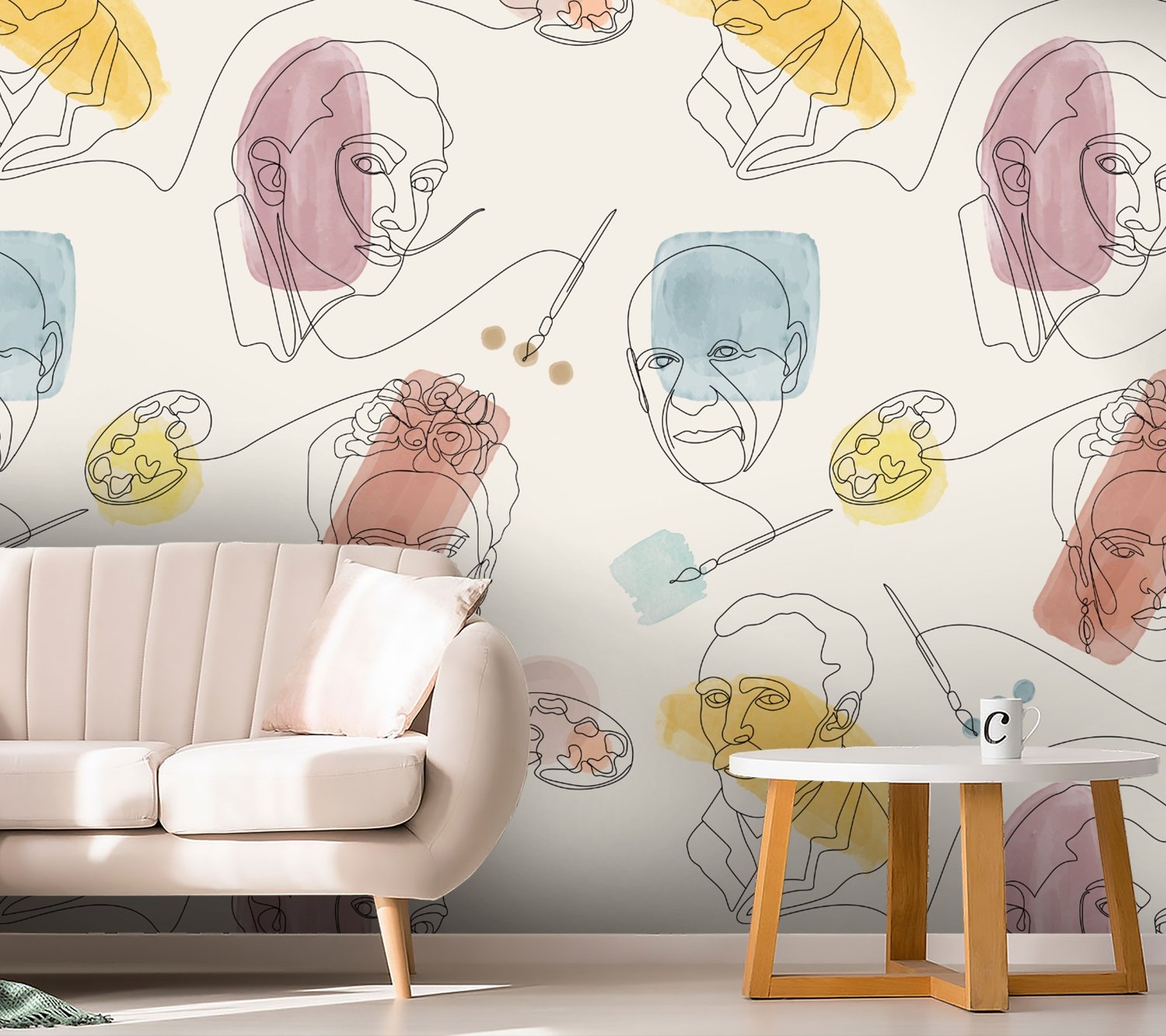 Artist Face Line Art with Colorful Abstract Brush Wallpaper Mural - Peel and Stick