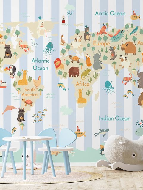 Papier peint panoramique carte monde animaux motif rayé enfants