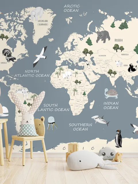 Kids Political Soft World Map with Cute Animals Wallpaper Mural