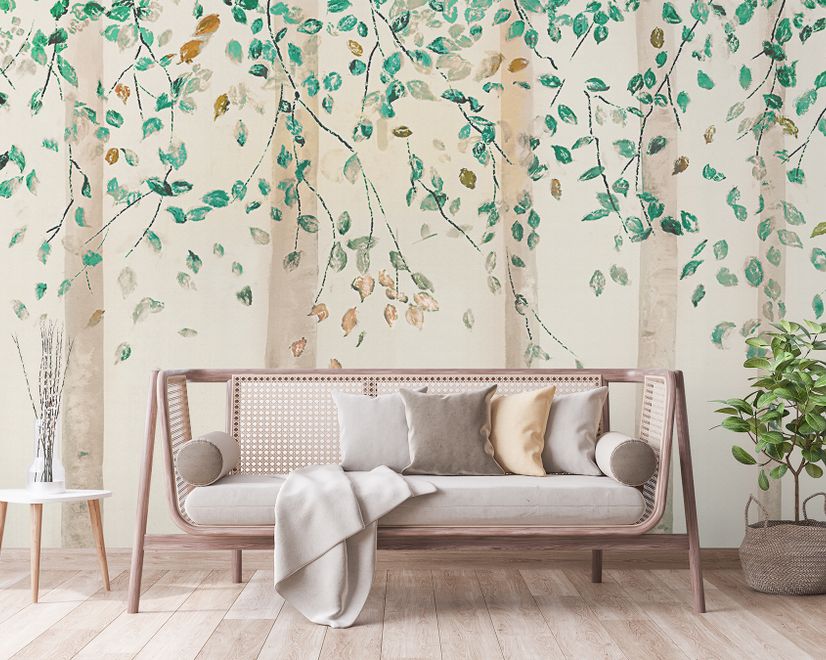 Watercolor Style Forest with Green Brown Little Leaves Wallpaper Mural