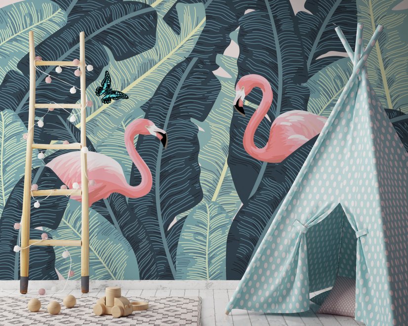 Papier peint feuille bananier flamant rose tropical