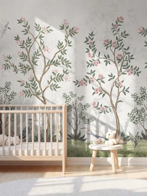 Chinoiserie Gartenbäume und Vögel Landschaft Fototapete