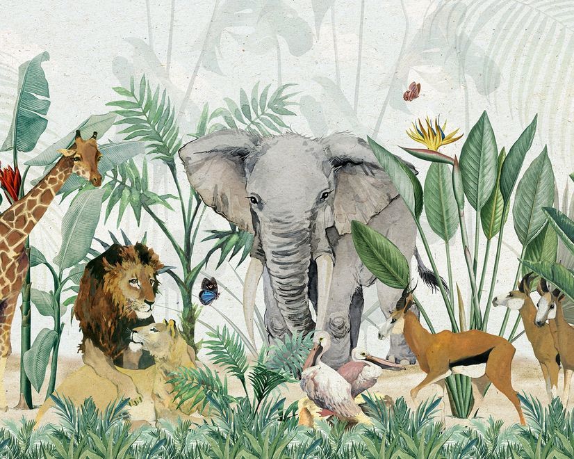 Kids Tropical Safari Animals with Green Leafs Wallpaper Mural