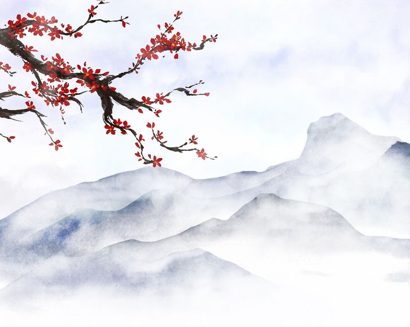 Snowy Mountainscape with Cherry Blossom Wallpaper Mural