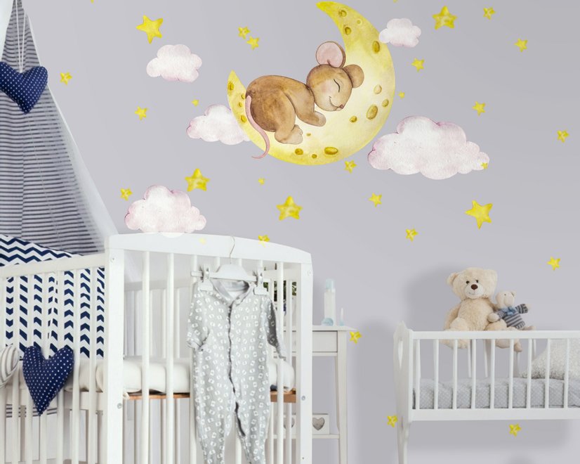 Kids Cute Mouse on the Crescent Moon and Watercolor Yellow Stars Wall Decal Sticker