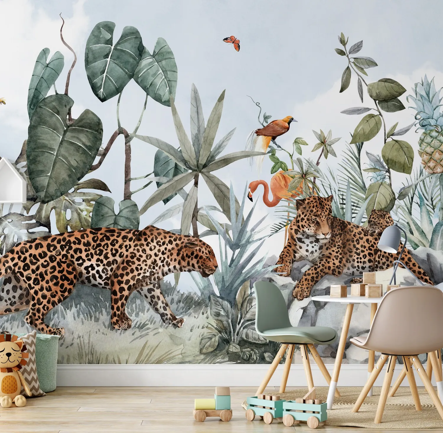 Kids Watercolor Forest with Leopard Wild Animals Wallpaper Mural - Peel and Stick