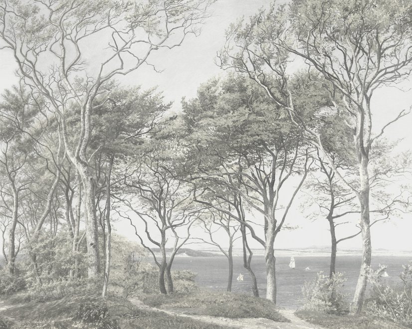 Coastal woodland wallpaper mural with grey trees, sandy path, sea horizon and small white sailboats