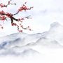 Schneebedeckte Berglandschaft mit Kirschblüten Fototapete