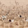 Chinesische Pfingstrosenblüten und Bambuslandschaft mit Kranichen Fototapete
