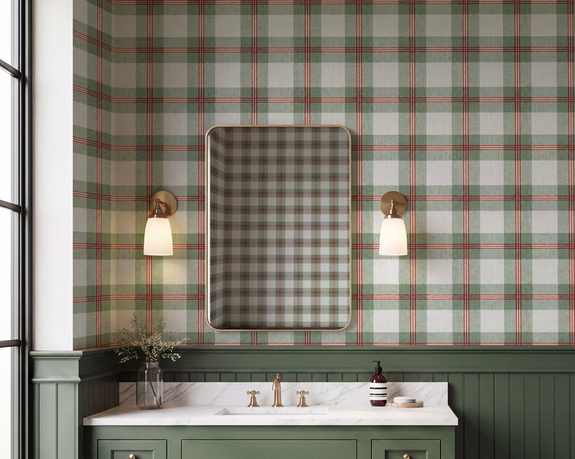 Sage green and cream-white tartan plaid wallpaper with deep red stripes and woven thread texture