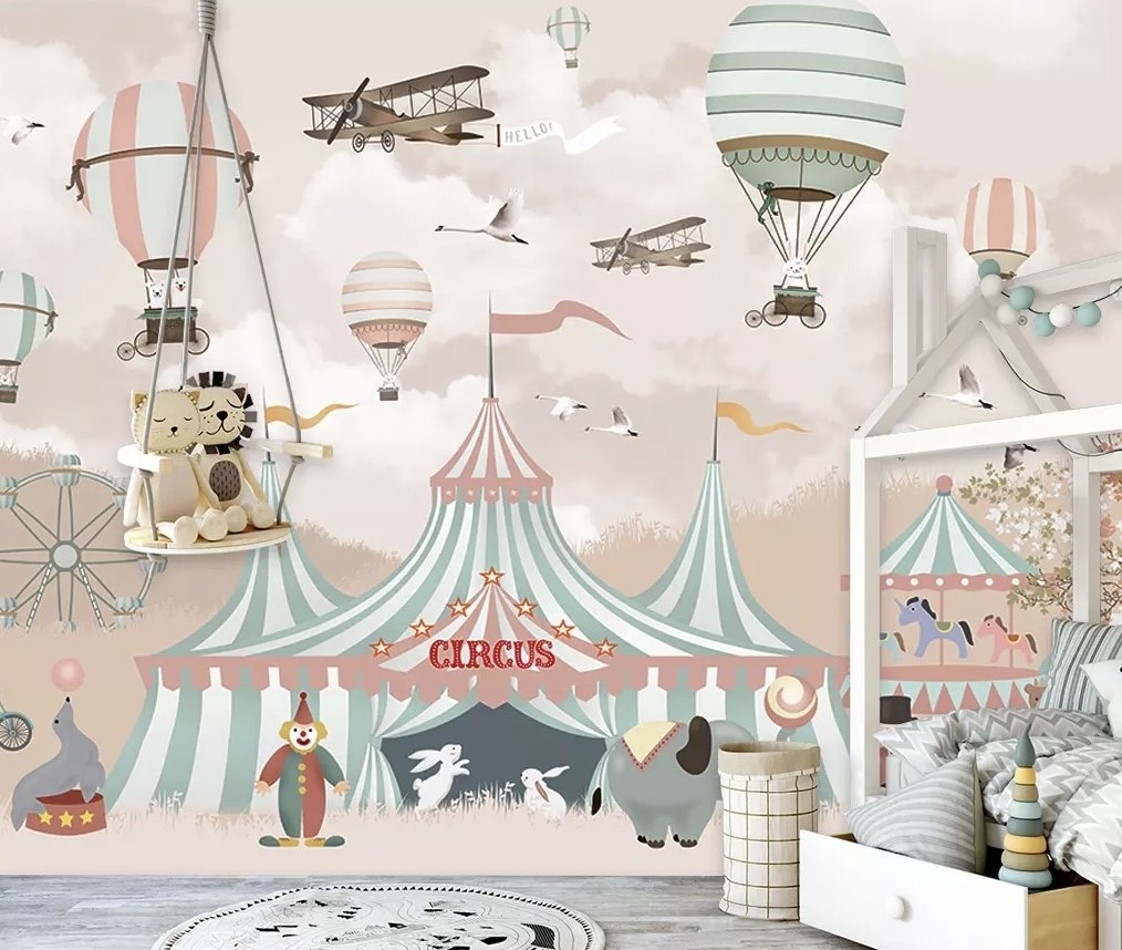Kids Cartoon Circus with Hot Air Balloon Wallpaper Mural - Peel and Stick