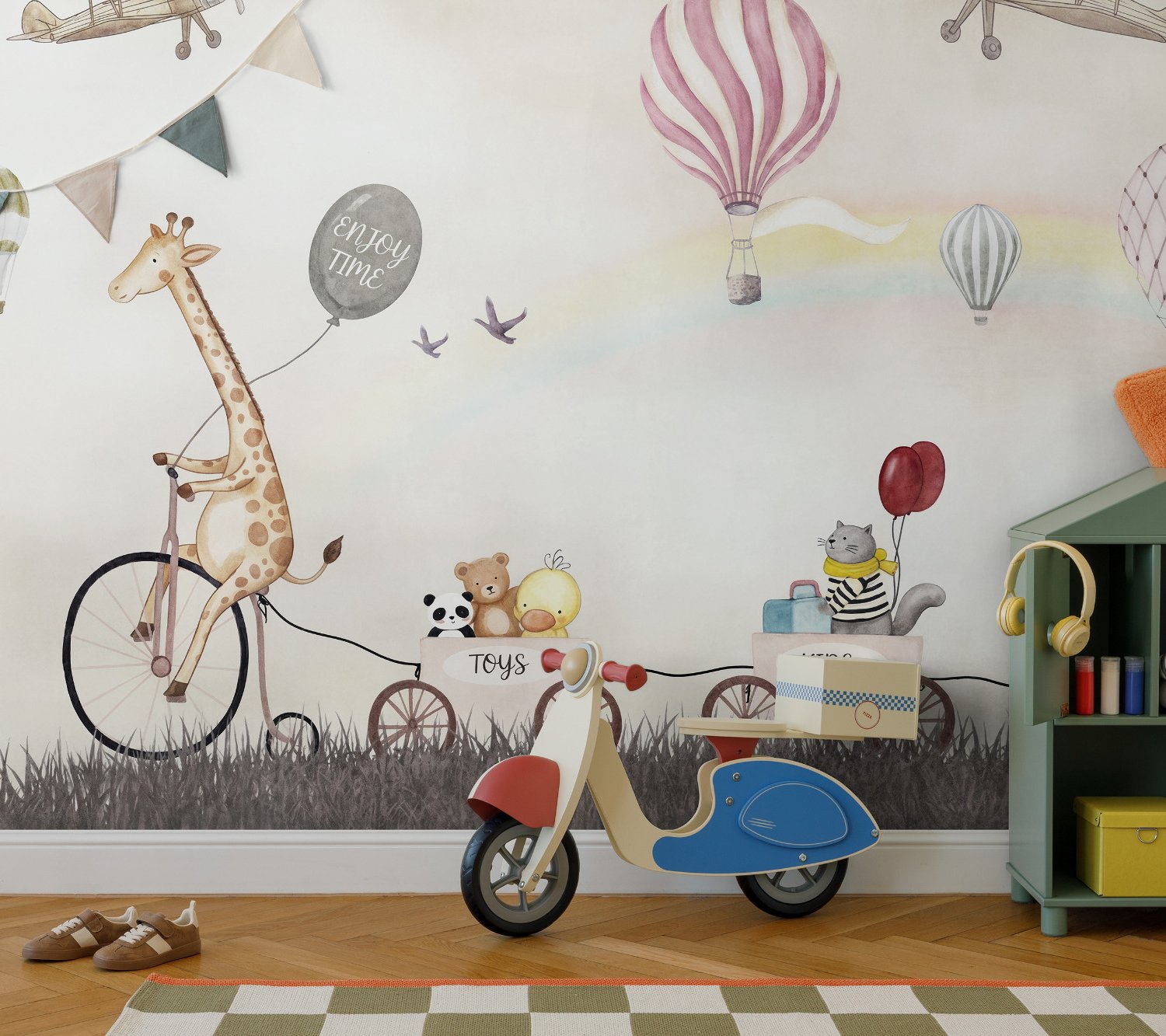 Vintage Hot Air Balloon and Rainbow Wallpaper Mural - Peel and Stick