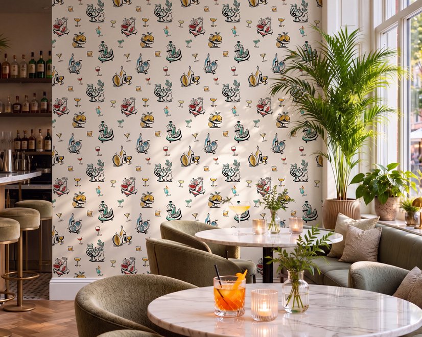 Bar area wallpaper with hand drawn cocktails, liquor bottles, citrus and fruit bowls on warm cream