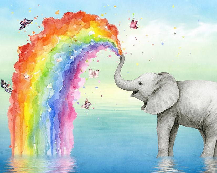Kids Elephant with Watercolor Rainbow Wallpaper Mural