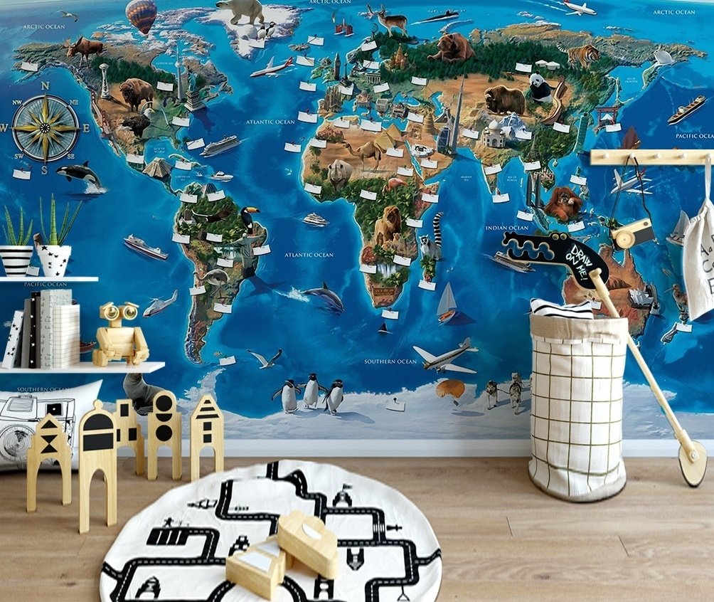 3D Look Kids World Map with Compass Wallpaper Mural - Peel and Stick