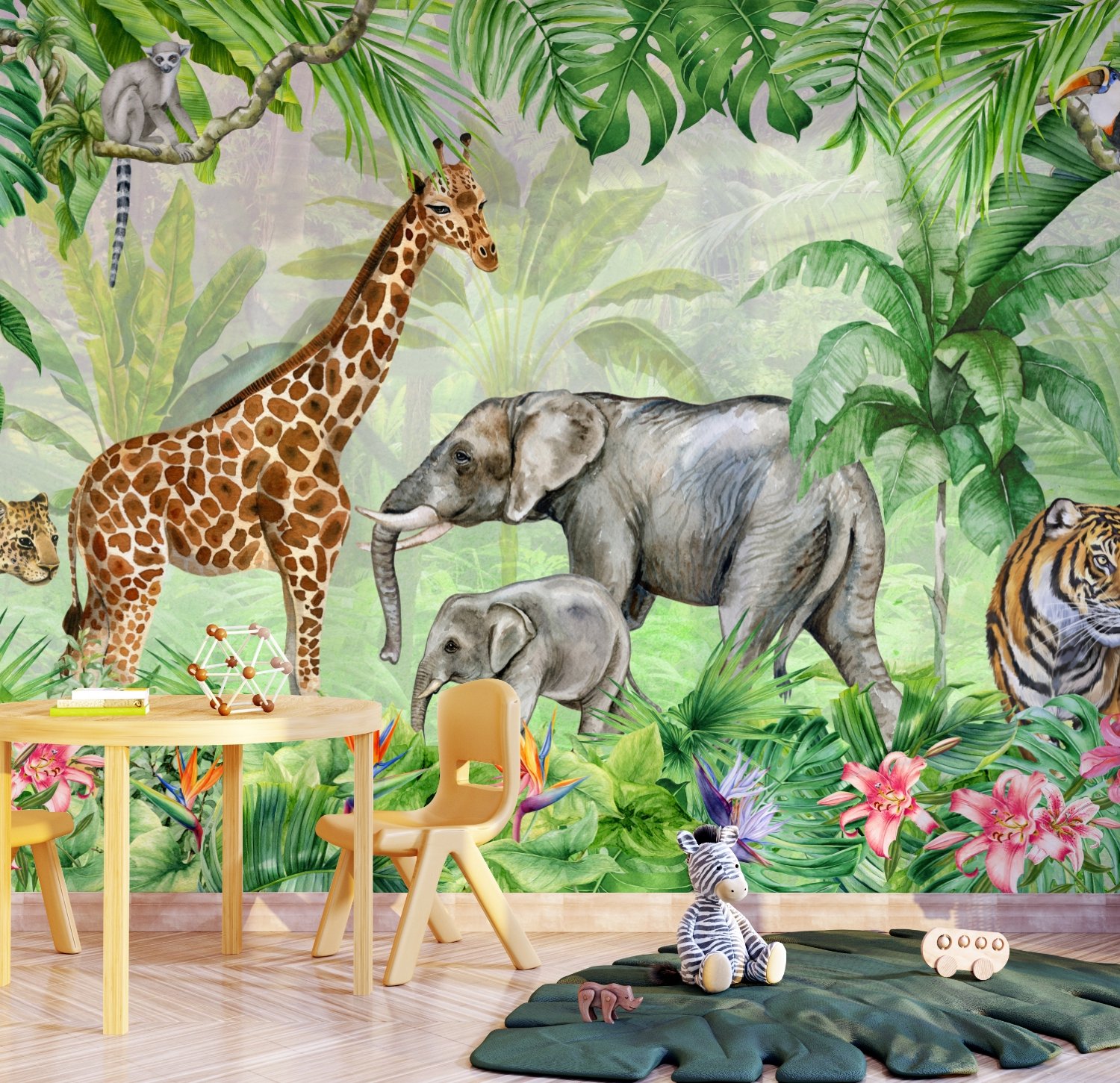 Kids Safari Watercolor Tropical Forest Jungle Animals Wallpaper Mural - Peel and Stick
