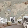 Kids Soft Brown Political World Map with Drawing Animals Wallpaper Mural