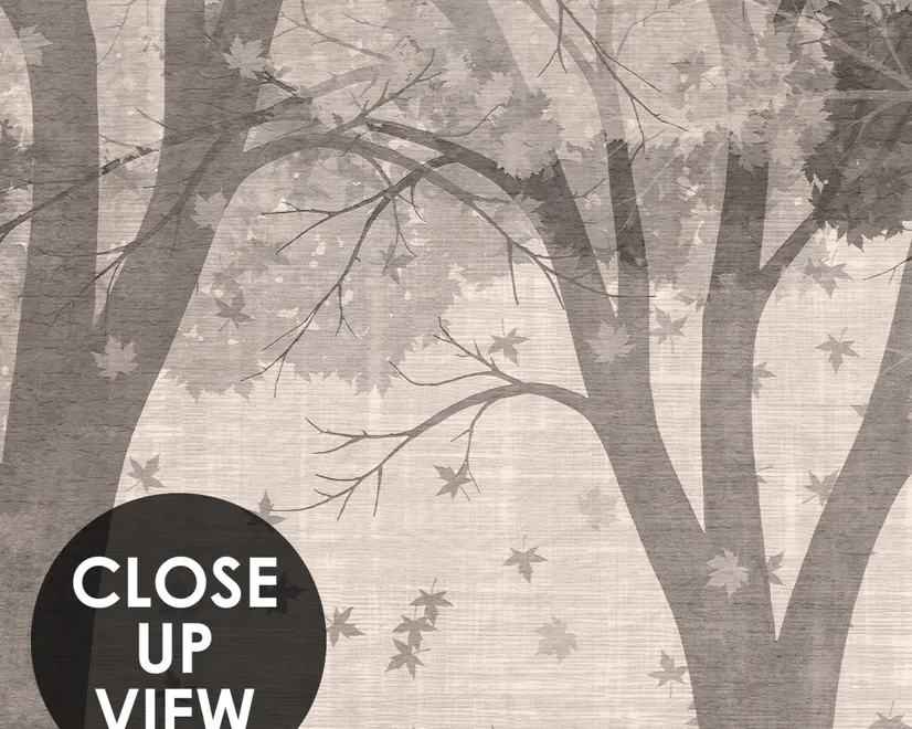 Misty forest nature wallpaper mural in greige, taupe and charcoal watercolour with birds