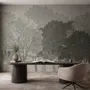 Light gray wallpaper mural with layered ink-wash woodland trees, falling leaves and birds