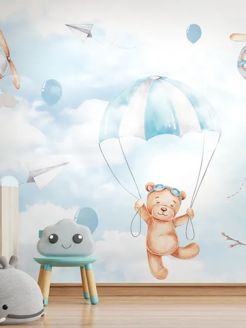 Cute Bear Flying with Paper Planes Wallpaper Mural
