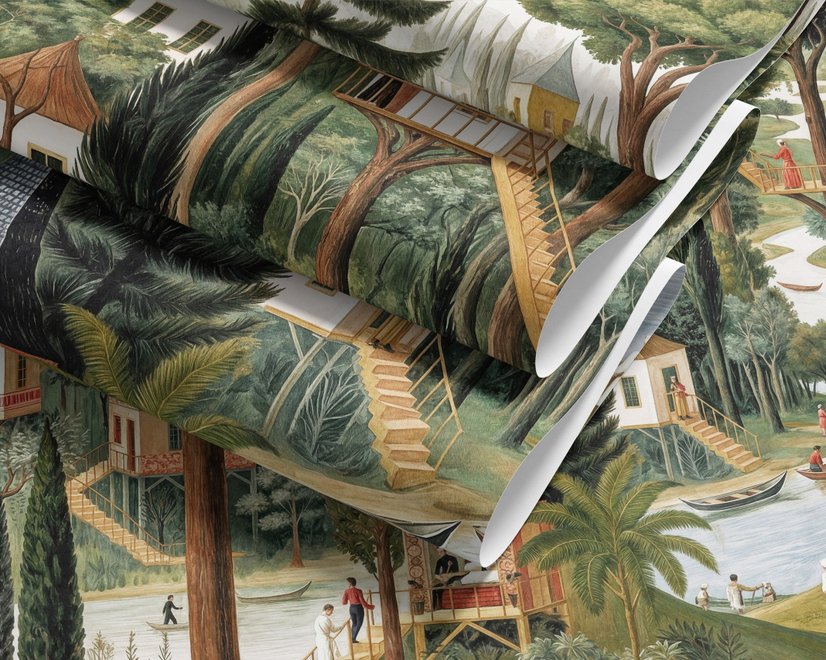 Architectural design wallpaper mural of forest treehouses, rivers, boats and small figures in green watercolour