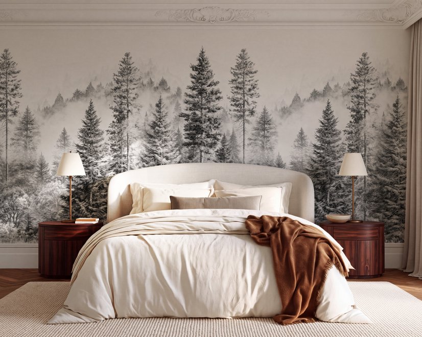 Monochrome forest with fog wallpaper mural showing tall pine trees, firs and silver-grey mist