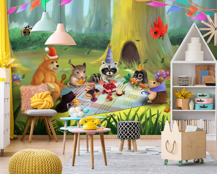 Cartoon Animals in the Woods Wallpaper Mural