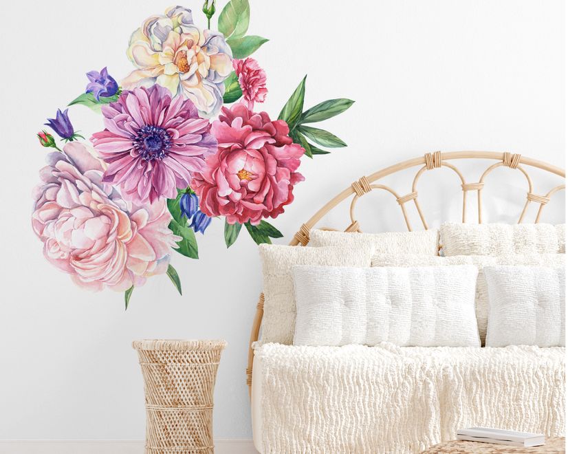 Watercolor Pink Peony Tulip Daisy Floral Bouqet Wall Decal Sticker
