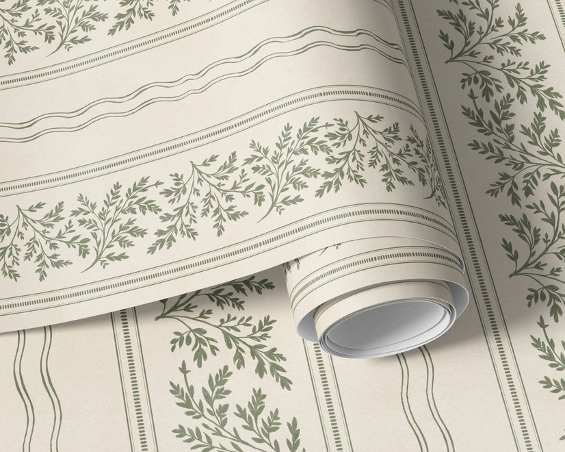 Green aesthetic wallpaper with sage leafy sprigs, fine vertical rules and dotted borders on cream ivory