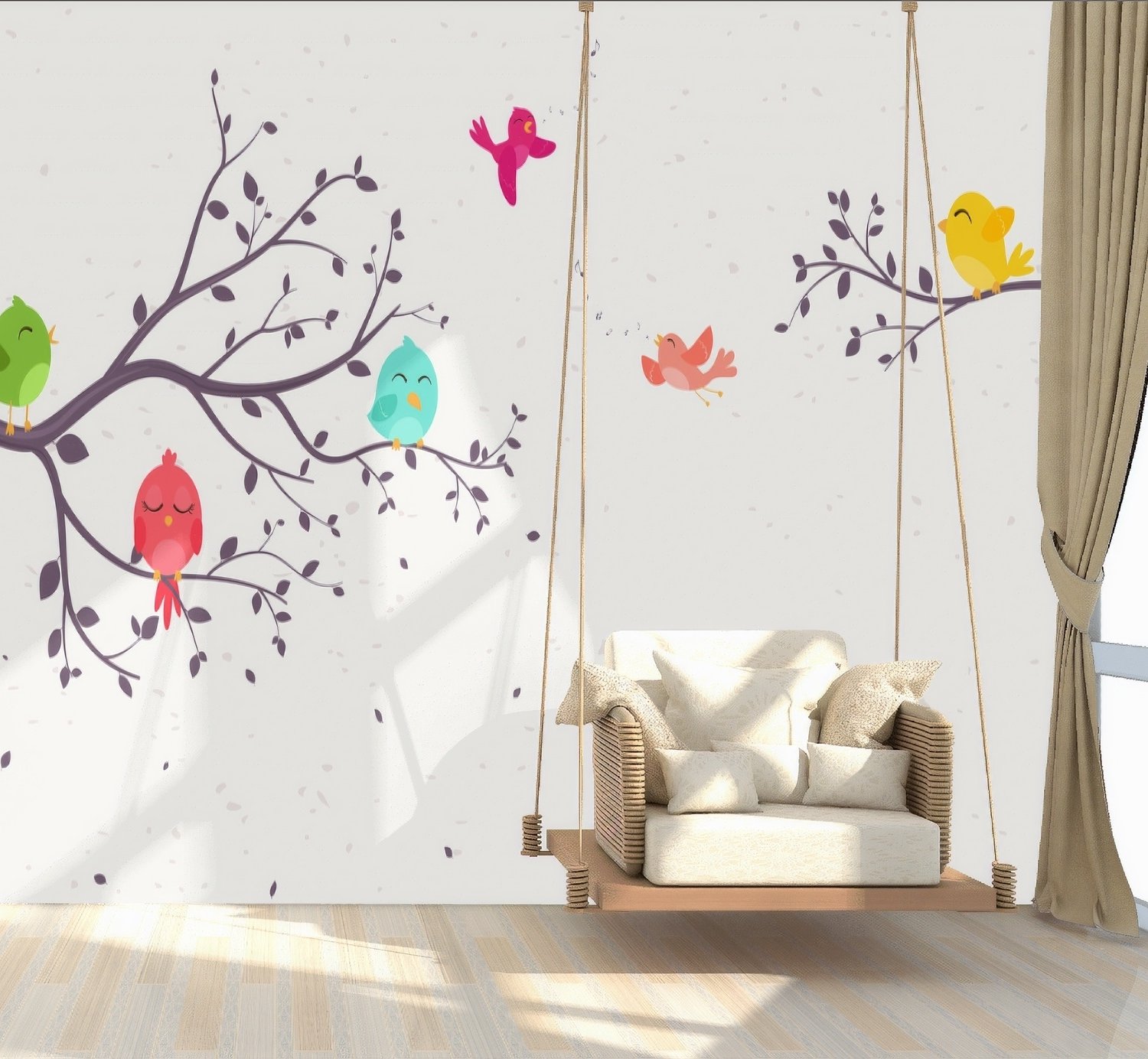 Kids Cartoon Tree with Colorful Singing Birds Wallpaper Mural - Peel and Stick