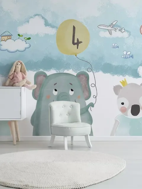 Cute Cartoon Animals with a Balloon Wallpaper Mural