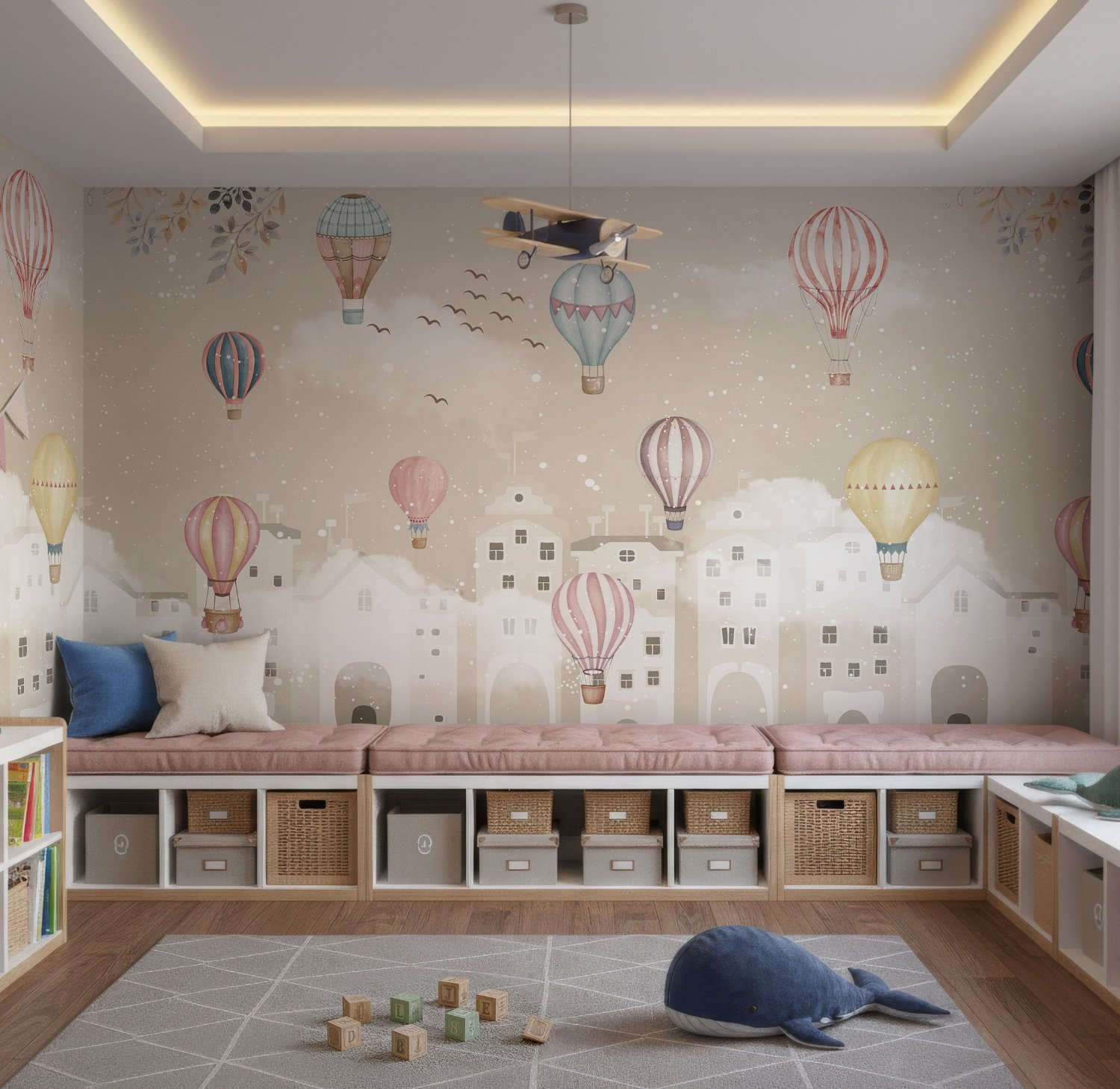 Kids Nursery Cartoon Winter and Little Hot Air Balloon Wallpaper Mural - Peel and Stick