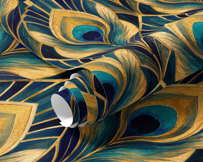 Art Deco feathers wallpaper with turquoise peacock eyes, gold plumes and navy teal ground